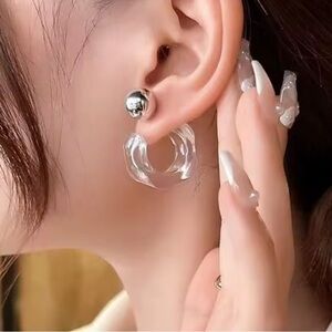 Clear Lucite Front Back Huggie Hoop Earrings Silver O31